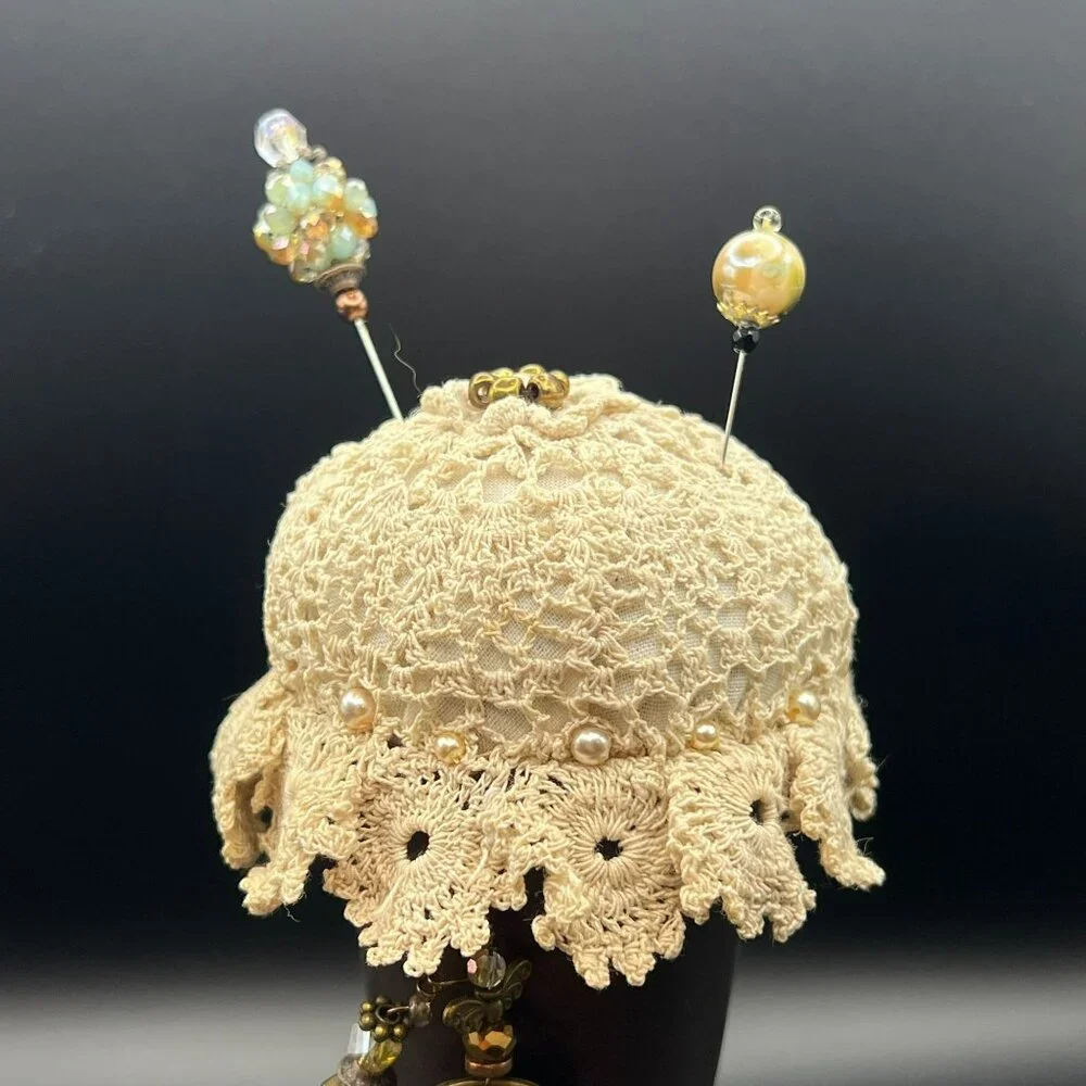 Vintage‎ Copper Goblet Upcycled to Pin Cushion vintage Doily Beads